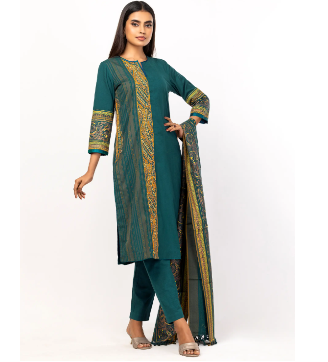 Bottle Green Embroidered Jamawar Theme Shalwar Kameez